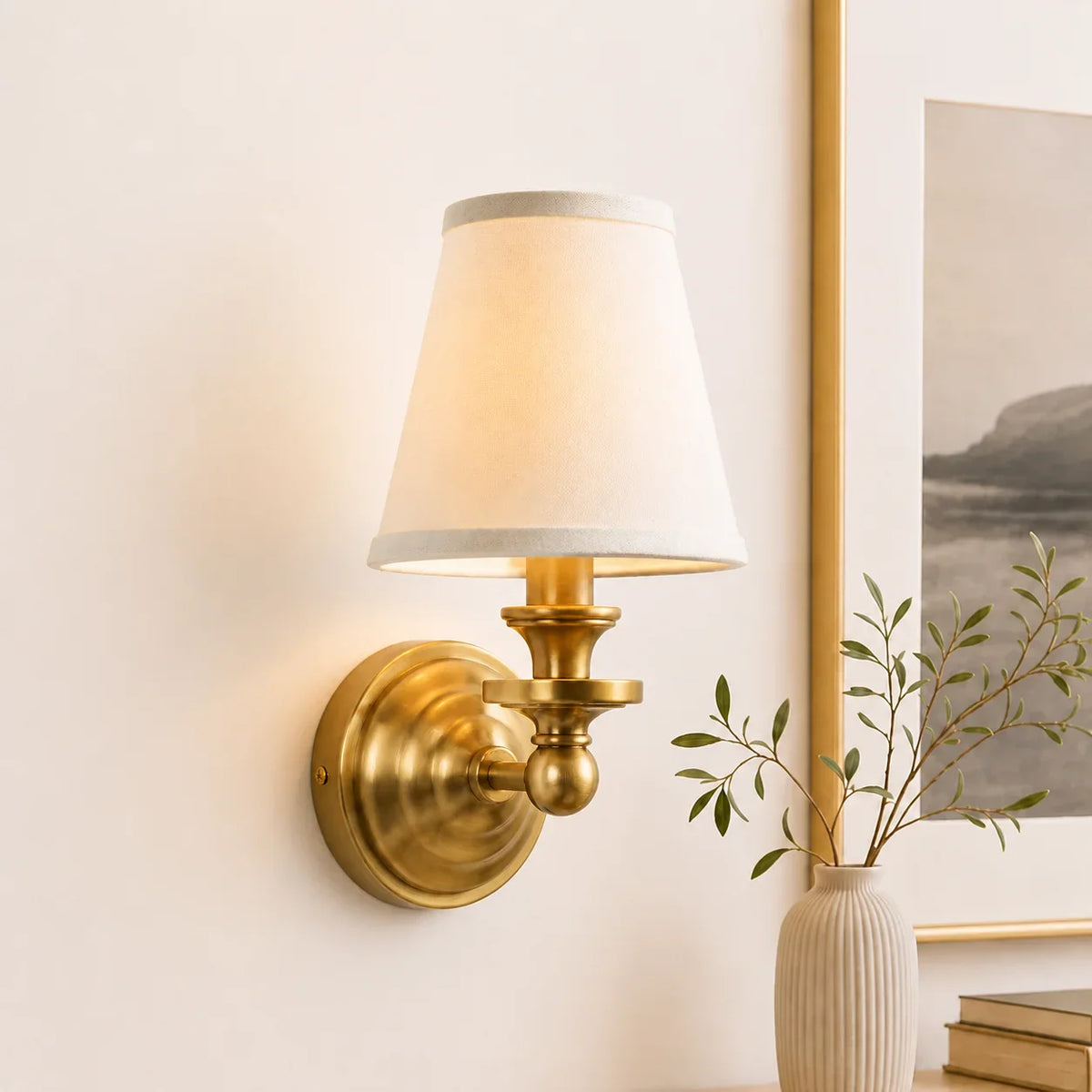 Vintage Wall Lamp with Linen Shade and Brass Fixture – Retro Design for Bedroom and Living Room | Sansoti