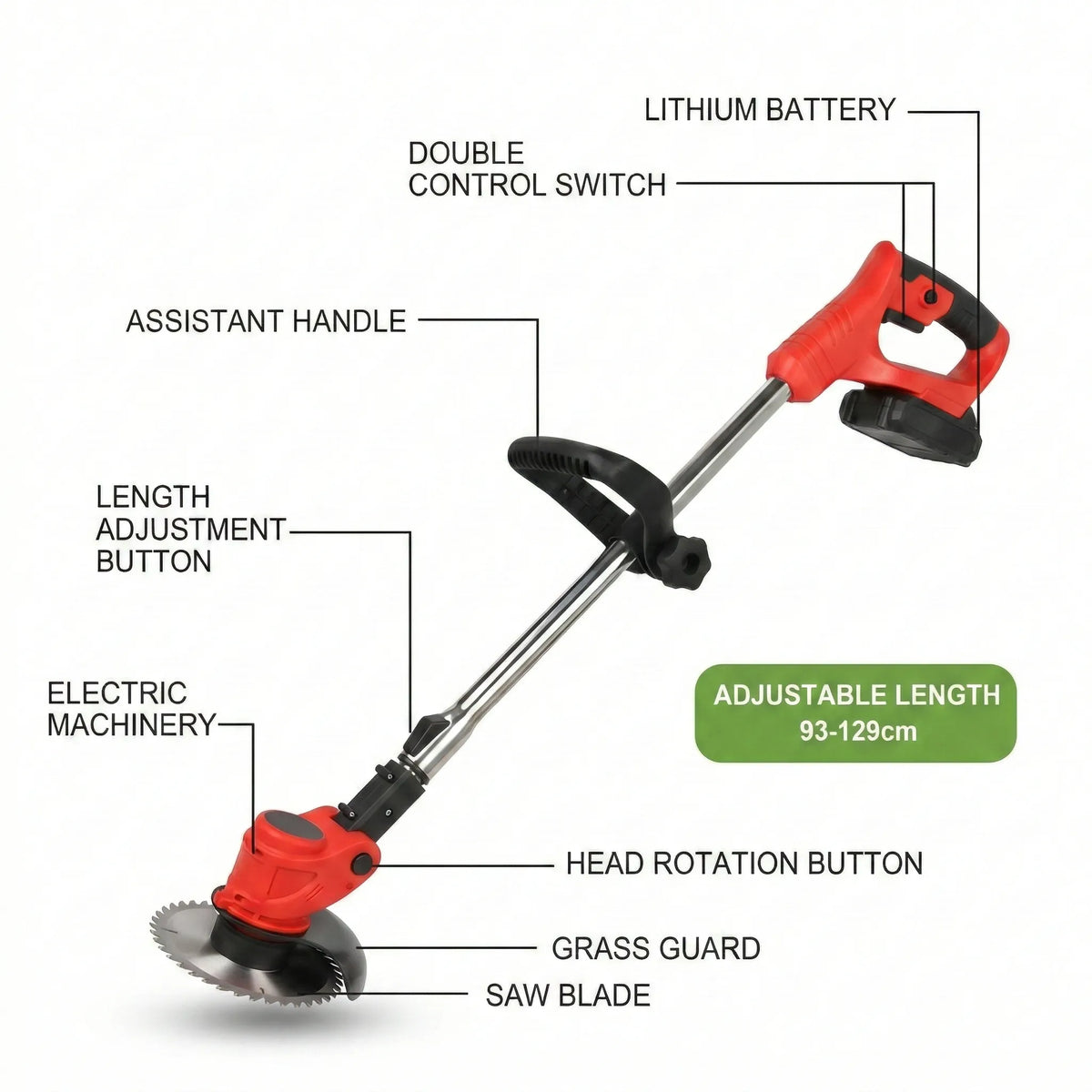 Cordless Grass Trimmer Rechargeable 24V 600W Telescopic 92–122cm Metal Blade Garden Weed Cutter Lawn | Sansoti