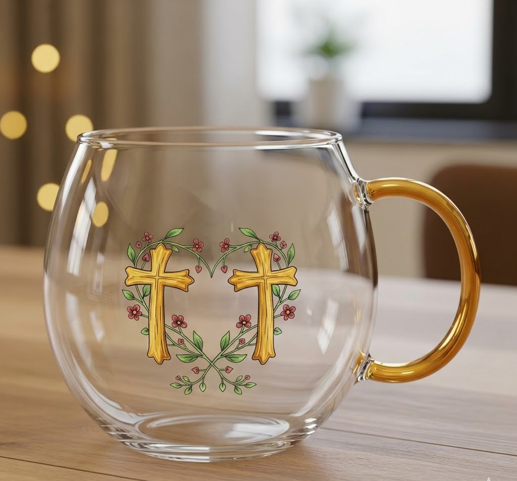Festlicher Gläserner Weihnachtsbecher mit Wintermotiv für warme Getränke | Sansoti