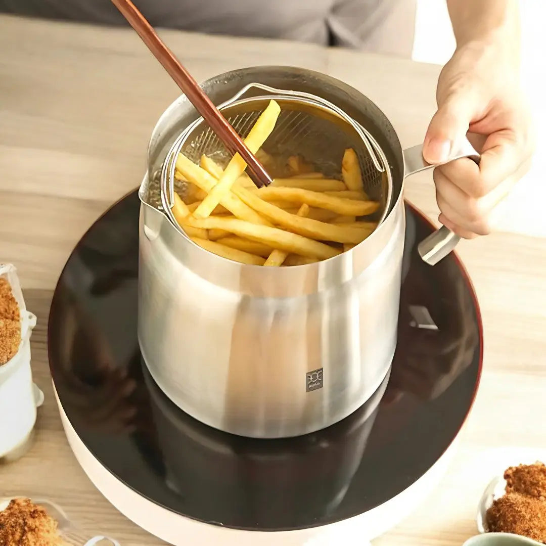 Friteuse en acier inoxydable avec filtre intégré pour réutilisation de l'huile, tamis 2-en-1 pour friture en cuisine | Sansoti