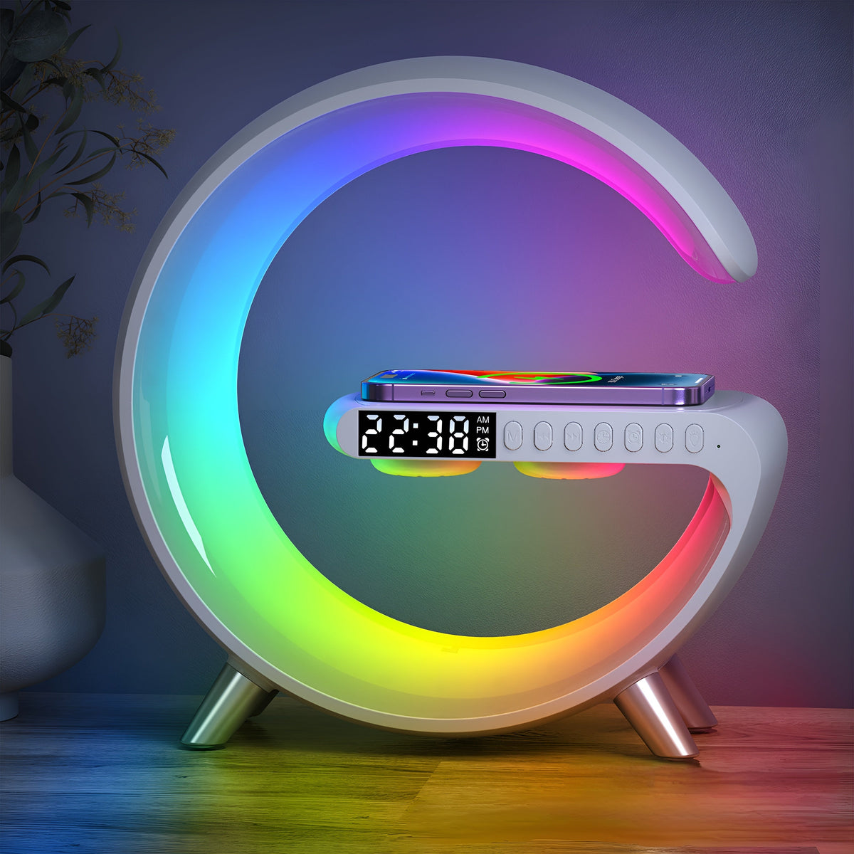 Multifunctional Bedside Table with Wireless Charger Bluetooth Speaker Alarm Function Ambient Light Bedroom | Sansoti
