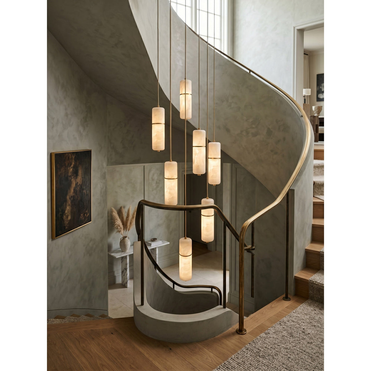 Lustre en laiton et albâtre, suspension LED à 1-15 points lumineux pour salle à manger, salon ou escalier, éclairage d’ambiance luxueux | Sansoti