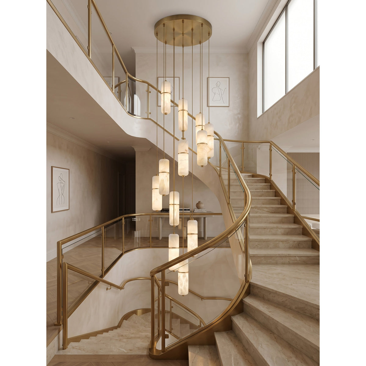 Lustre en laiton et albâtre, suspension LED à 1-15 points lumineux pour salle à manger, salon ou escalier, éclairage d’ambiance luxueux | Sansoti