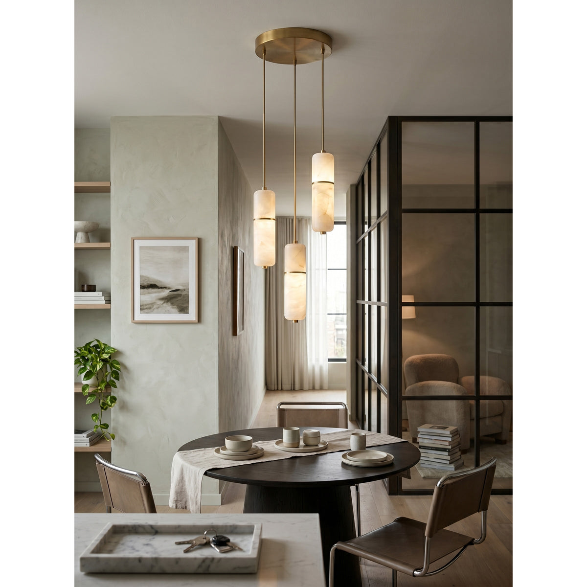 Lustre en laiton et albâtre, suspension LED à 1-15 points lumineux pour salle à manger, salon ou escalier, éclairage d’ambiance luxueux | Sansoti