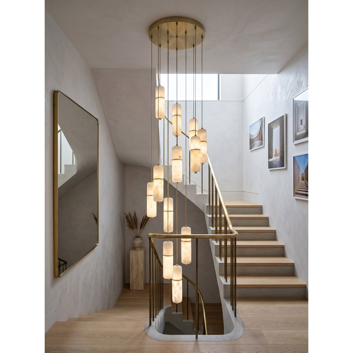 Lustre en laiton et albâtre, suspension LED à 1-15 points lumineux pour salle à manger, salon ou escalier, éclairage d’ambiance luxueux | Sansoti