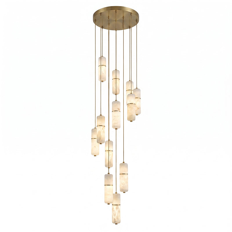 Lustre en laiton et albâtre, suspension LED à 1-15 points lumineux pour salle à manger, salon ou escalier, éclairage d’ambiance luxueux | Sansoti