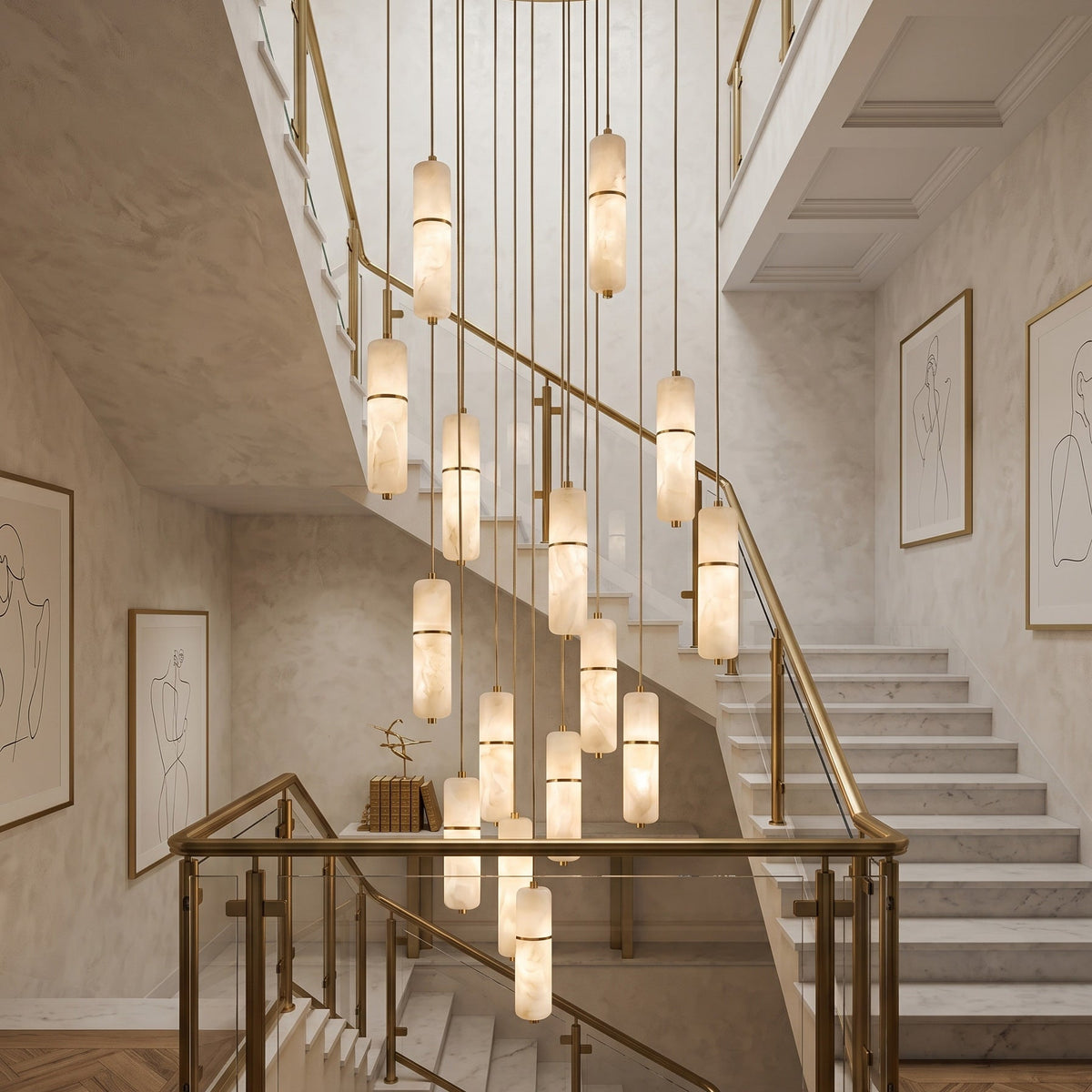 Chandelier Brass Alabaster LED Pendant Light 1-15 Lights Dining Room Living Room Staircase Atmospheric Luxury Lighting | Sansoti