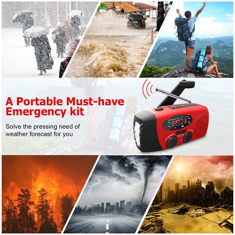 Radio awaryjne z korbką, ładowaniem słonecznym, latarką i powerbankiem 2000 mAh, radio FM AM, ładowana, camping outdoor | Sansoti