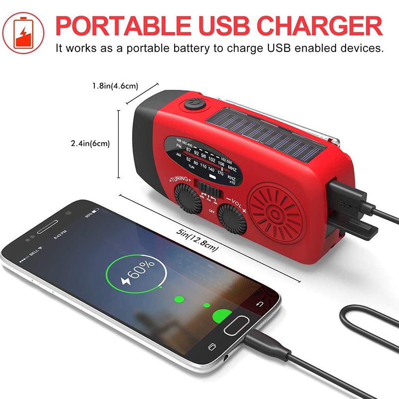 Radio awaryjne z korbką, ładowaniem słonecznym, latarką i powerbankiem 2000 mAh, radio FM AM, ładowana, camping outdoor | Sansoti