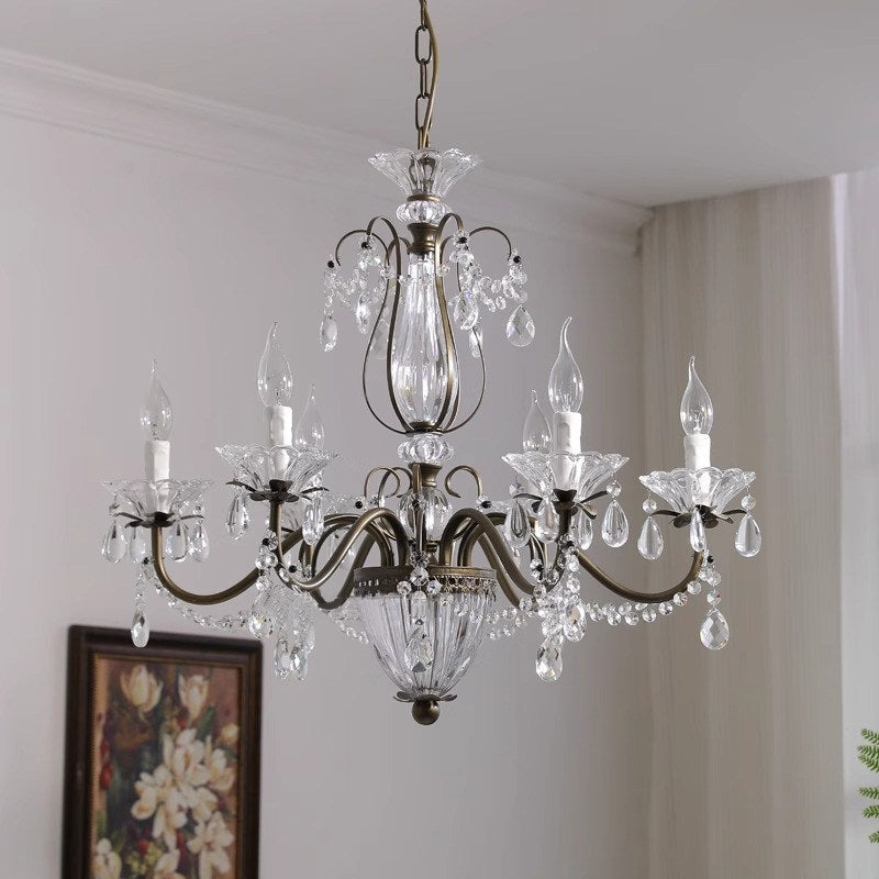 Lustre en cristal avec abat-jour en verre, fer doré, candélabre réglable et à intensité variable, moderne, pour salle à manger et salon | Sansoti