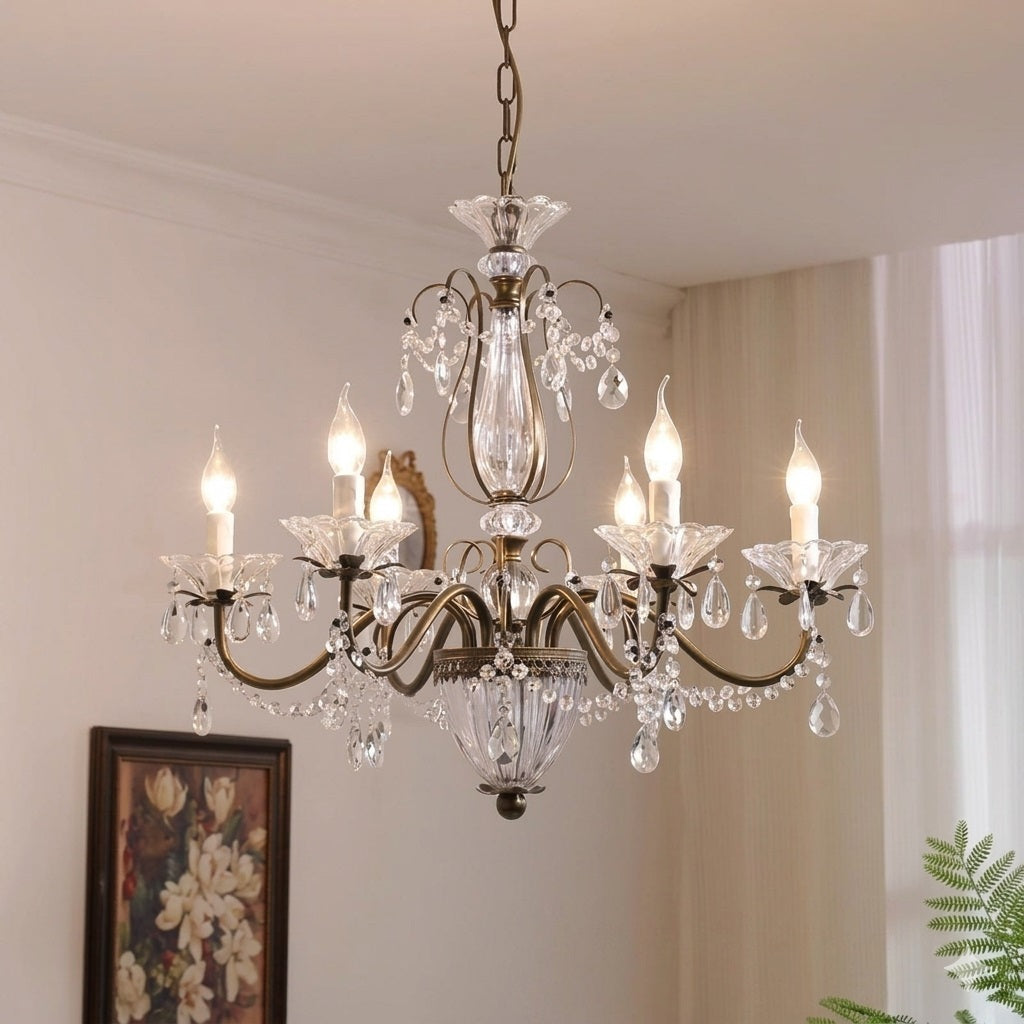 Crystal Chandelier with Glass Shades Gold Iron Candelabra Adjustable Dimmable Modern Dining Room Living Room | Sansoti