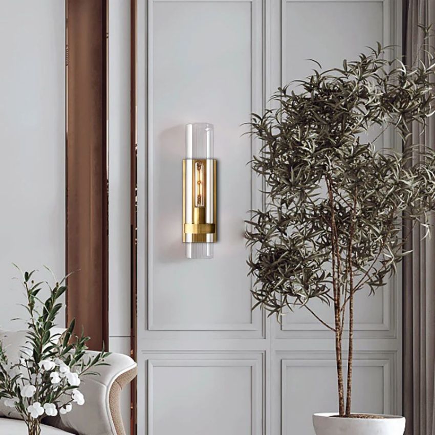 Wandleuchte aus Glas und Messing mit Zylinderschirm Warmweißes Licht Wohnzimmer Schlafzimmer Flur Beleuchtung Luxuriöses Design | Sansoti