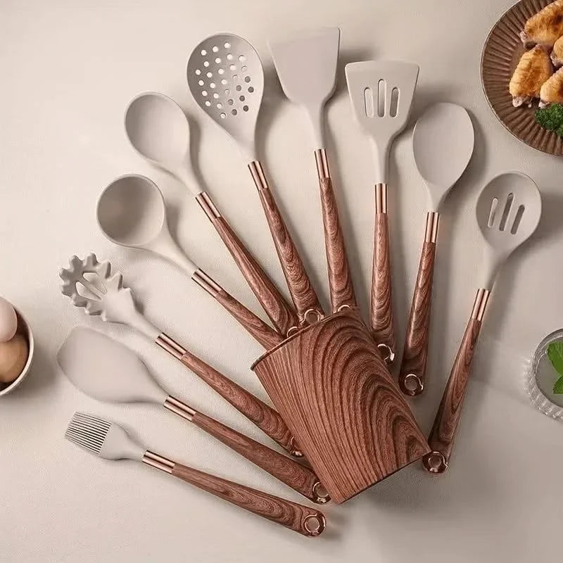 10-Piece Silicone Kitchen Utensil Set, Non-Stick, Wood-Grain Pattern with Storage Jar, Heat-Resistant Cookware | Sansoti