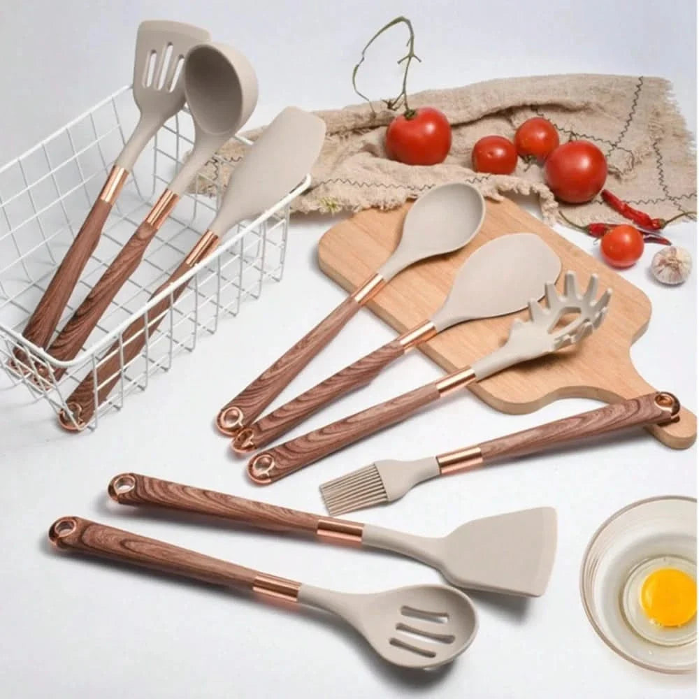 10-Piece Silicone Kitchen Utensil Set, Non-Stick, Wood-Grain Pattern with Storage Jar, Heat-Resistant Cookware | Sansoti