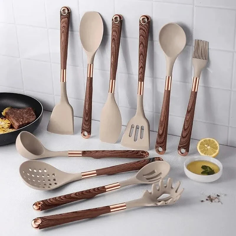 10-Piece Silicone Kitchen Utensil Set, Non-Stick, Wood-Grain Pattern with Storage Jar, Heat-Resistant Cookware | Sansoti