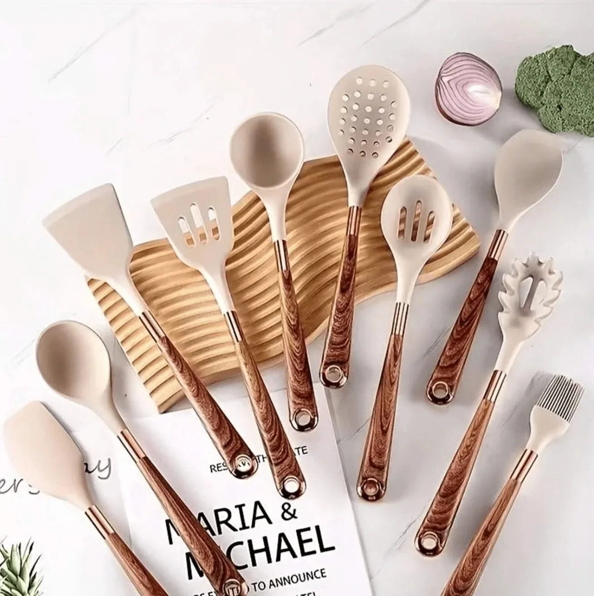 10-Piece Silicone Kitchen Utensil Set, Non-Stick, Wood-Grain Pattern with Storage Jar, Heat-Resistant Cookware | Sansoti