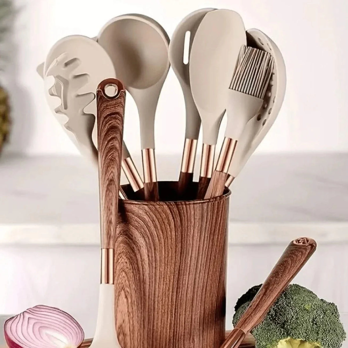 10-Piece Silicone Kitchen Utensil Set, Non-Stick, Wood-Grain Pattern with Storage Jar, Heat-Resistant Cookware | Sansoti