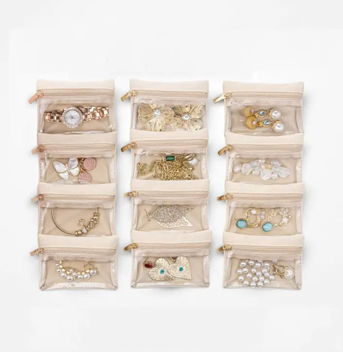 Boîte à bijoux avec compartiments transparents 21,5 cm Blanc Vert Bleu Rose Noir Cuir PU Doublure en flanelle 12 pochettes zippées Boîte à bagues Support collier Rangement boucles d'oreilles Boîte de rangement bijoux Organisateur femme | Sansoti