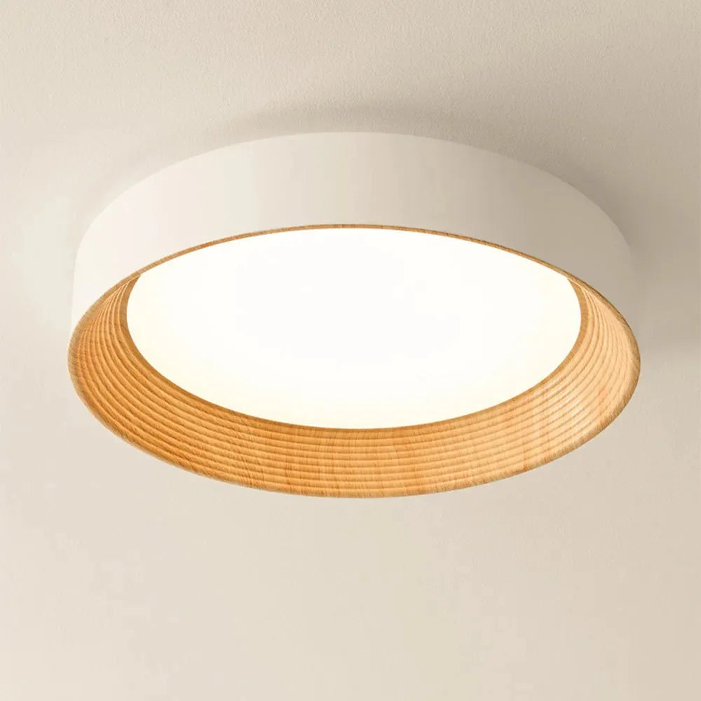 Runde Holz Deckenleuchte LED Warmes Licht – Deckenlampe für Wohnzimmer und Esszimmer – Aufbaumontage mit Holzrand | Sansoti