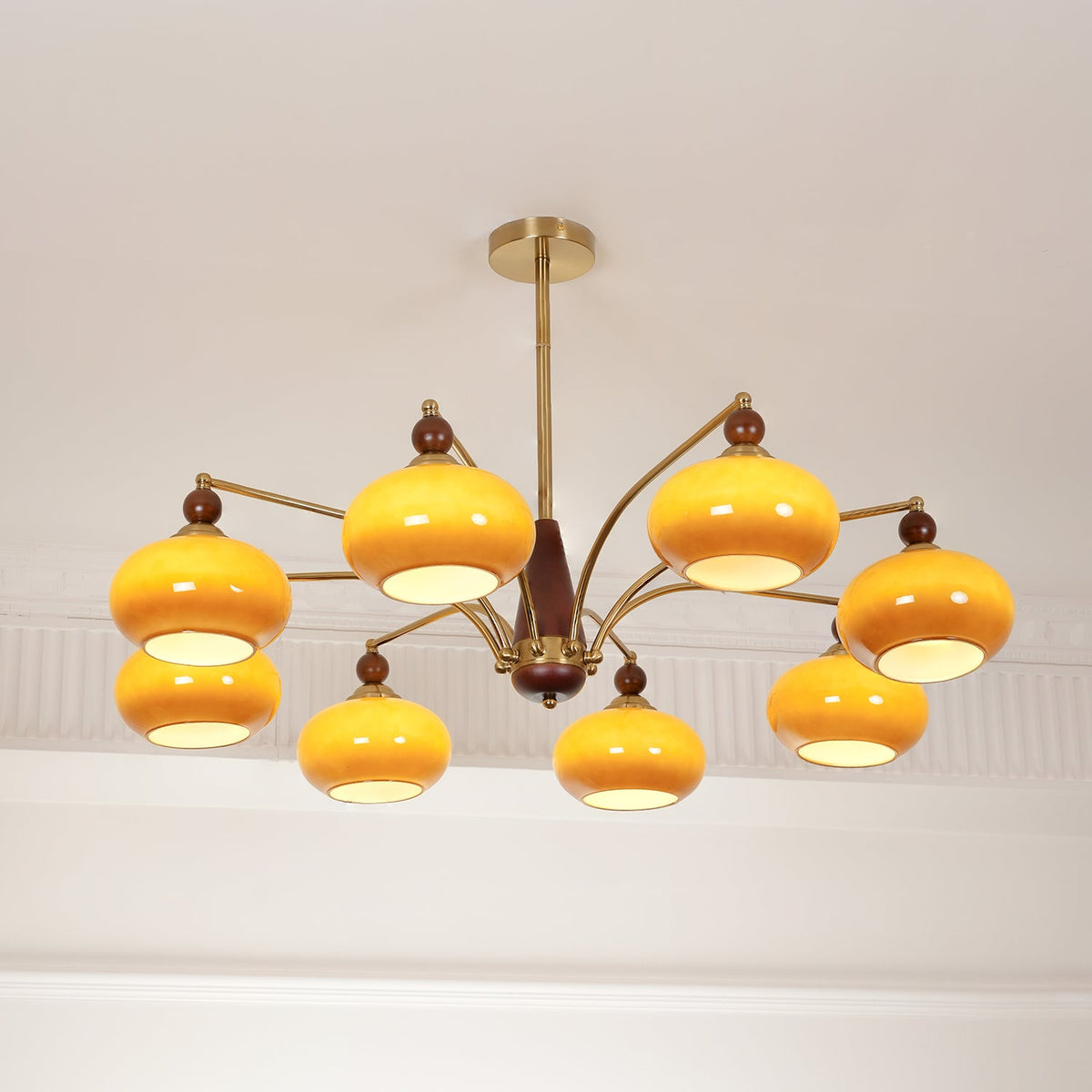 Lustre rétro Calliope – Suspension métallique avec abat-jours en verre – 3, 5 ou 8 points lumineux – Design classique vintage pour salle à manger et salon | Sansoti