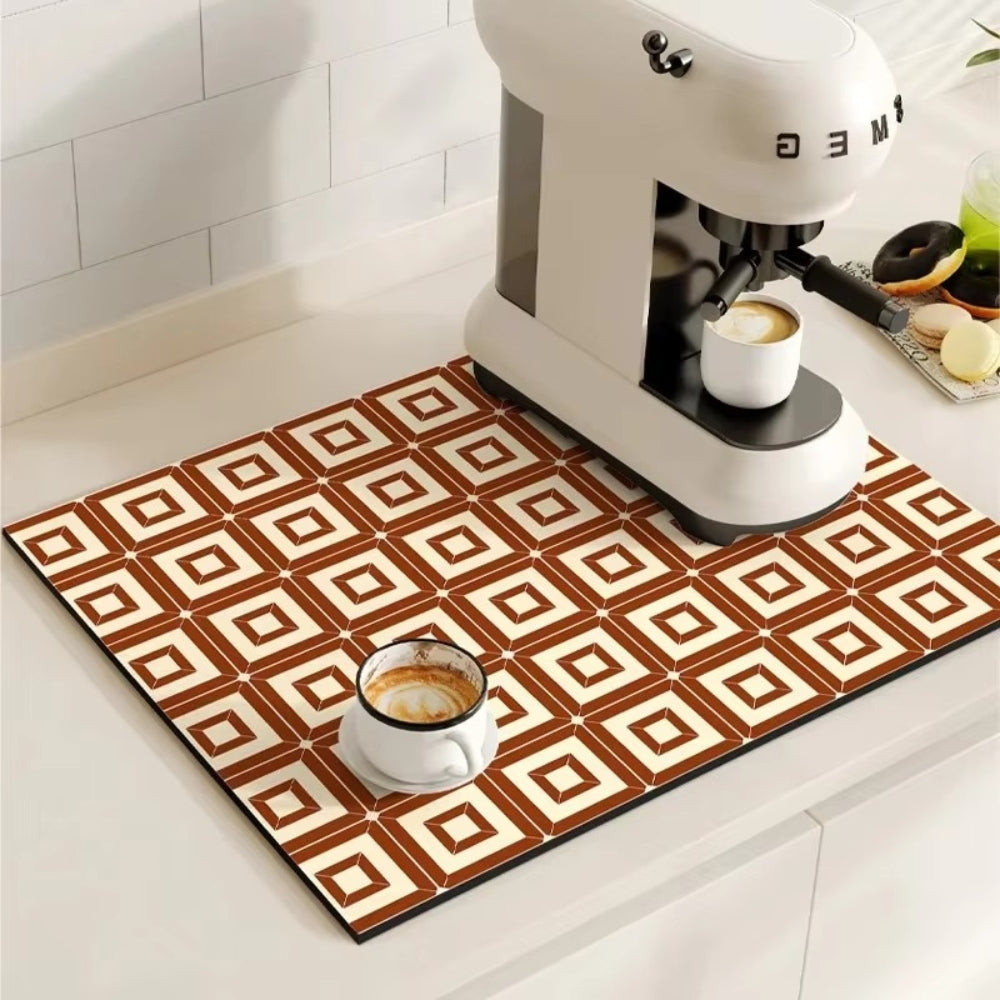 Retro Design Absorbierende Kaffeematte – Schnelltrocknend Wasserfestes Gummi – Vintage Fliesenmuster Trockenmatte für Kaffeeecke Arbeitsplatte Geschirrabtropfer | Sansoti
