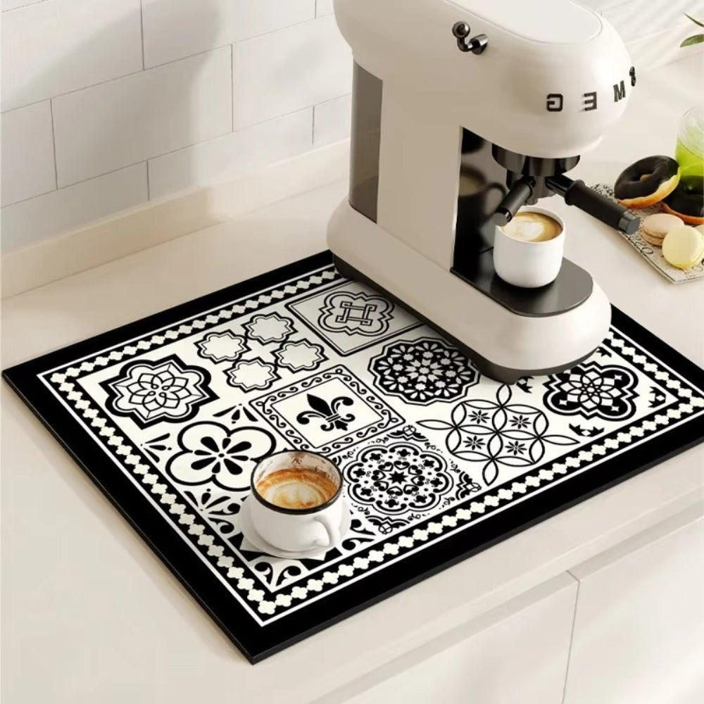 Retro Design Absorbierende Kaffeematte – Schnelltrocknend Wasserfestes Gummi – Vintage Fliesenmuster Trockenmatte für Kaffeeecke Arbeitsplatte Geschirrabtropfer | Sansoti