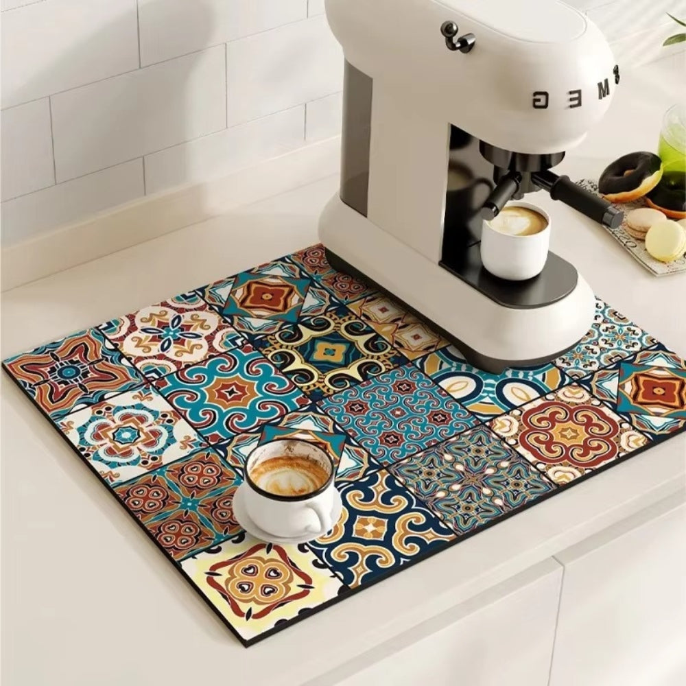 Retro Design Absorbierende Kaffeematte – Schnelltrocknend Wasserfestes Gummi – Vintage Fliesenmuster Trockenmatte für Kaffeeecke Arbeitsplatte Geschirrabtropfer | Sansoti