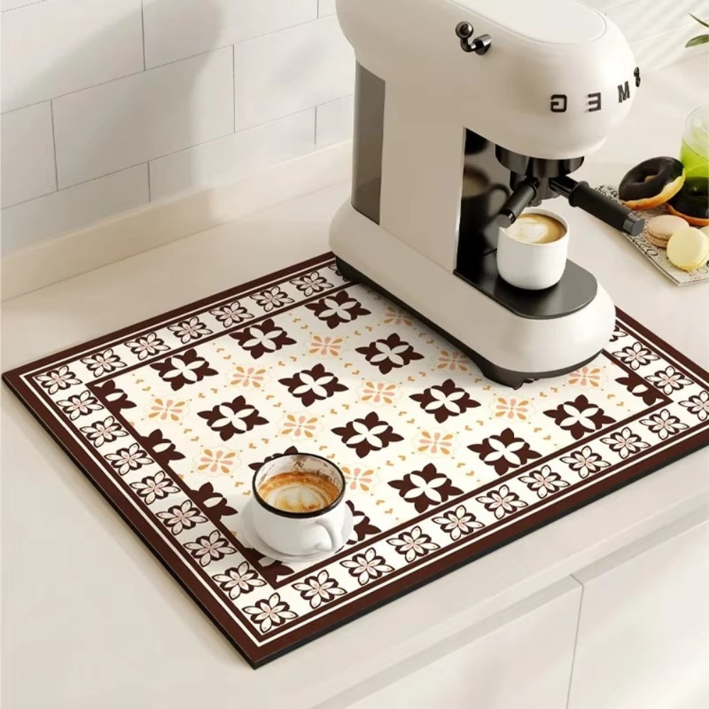 Retro Design Absorbierende Kaffeematte – Schnelltrocknend Wasserfestes Gummi – Vintage Fliesenmuster Trockenmatte für Kaffeeecke Arbeitsplatte Geschirrabtropfer | Sansoti