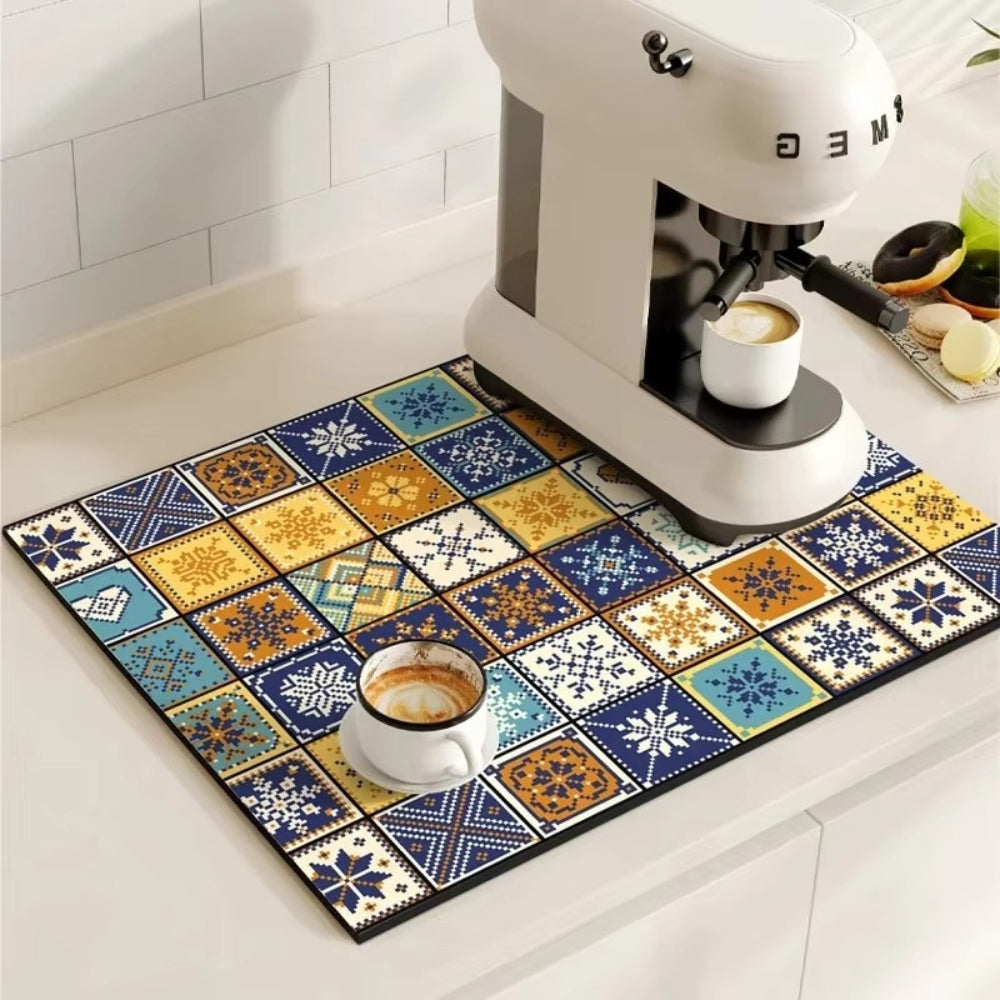 Retro Design Absorbierende Kaffeematte – Schnelltrocknend Wasserfestes Gummi – Vintage Fliesenmuster Trockenmatte für Kaffeeecke Arbeitsplatte Geschirrabtropfer | Sansoti
