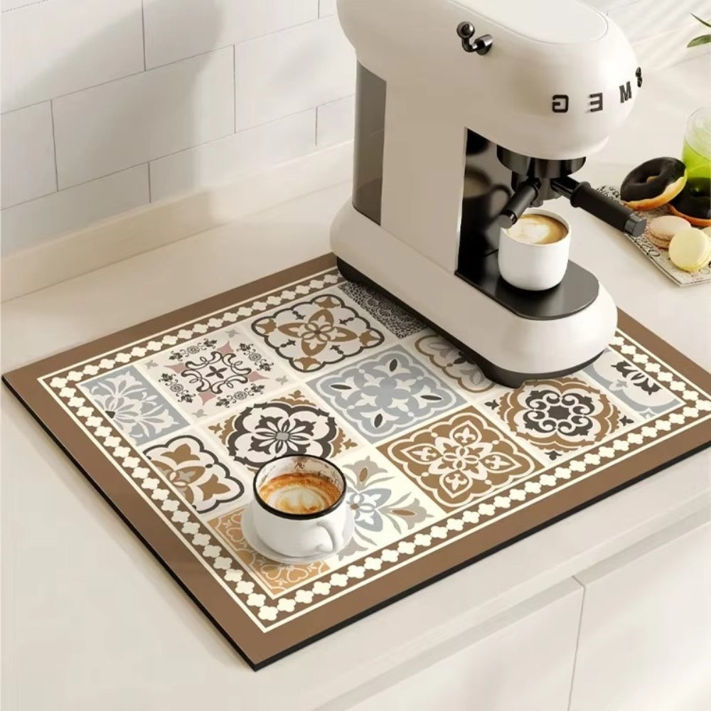 Retro Design Absorbierende Kaffeematte – Schnelltrocknend Wasserfestes Gummi – Vintage Fliesenmuster Trockenmatte für Kaffeeecke Arbeitsplatte Geschirrabtropfer | Sansoti