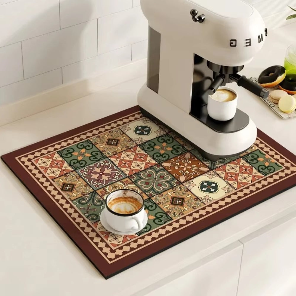 Retro Design Absorbierende Kaffeematte – Schnelltrocknend Wasserfestes Gummi – Vintage Fliesenmuster Trockenmatte für Kaffeeecke Arbeitsplatte Geschirrabtropfer | Sansoti