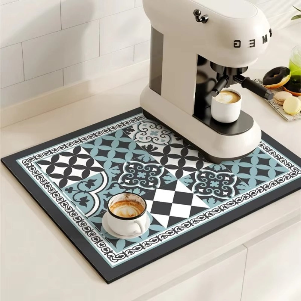 Retro Design Absorbierende Kaffeematte – Schnelltrocknend Wasserfestes Gummi – Vintage Fliesenmuster Trockenmatte für Kaffeeecke Arbeitsplatte Geschirrabtropfer | Sansoti