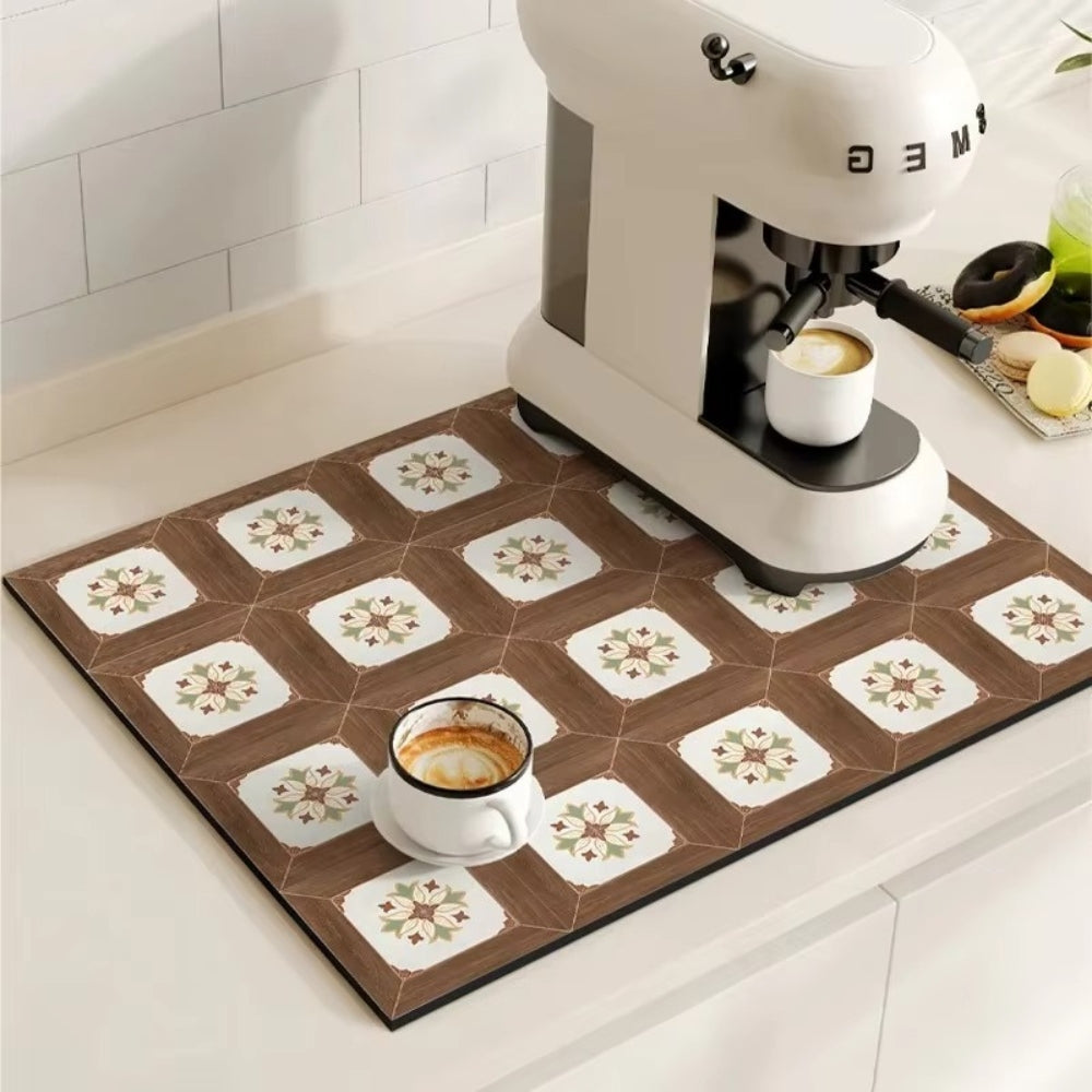 Retro Design Absorbierende Kaffeematte – Schnelltrocknend Wasserfestes Gummi – Vintage Fliesenmuster Trockenmatte für Kaffeeecke Arbeitsplatte Geschirrabtropfer | Sansoti