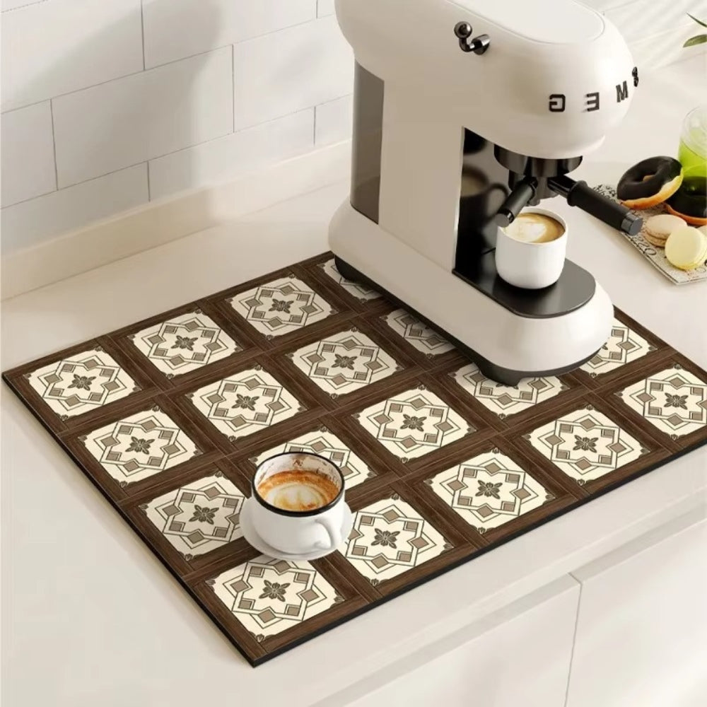 Retro Design Absorbierende Kaffeematte – Schnelltrocknend Wasserfestes Gummi – Vintage Fliesenmuster Trockenmatte für Kaffeeecke Arbeitsplatte Geschirrabtropfer | Sansoti