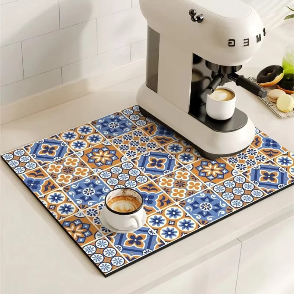 Retro Design Absorbierende Kaffeematte – Schnelltrocknend Wasserfestes Gummi – Vintage Fliesenmuster Trockenmatte für Kaffeeecke Arbeitsplatte Geschirrabtropfer | Sansoti