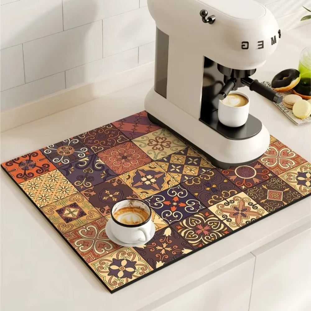 Retro Design Absorbierende Kaffeematte – Schnelltrocknend Wasserfestes Gummi – Vintage Fliesenmuster Trockenmatte für Kaffeeecke Arbeitsplatte Geschirrabtropfer | Sansoti