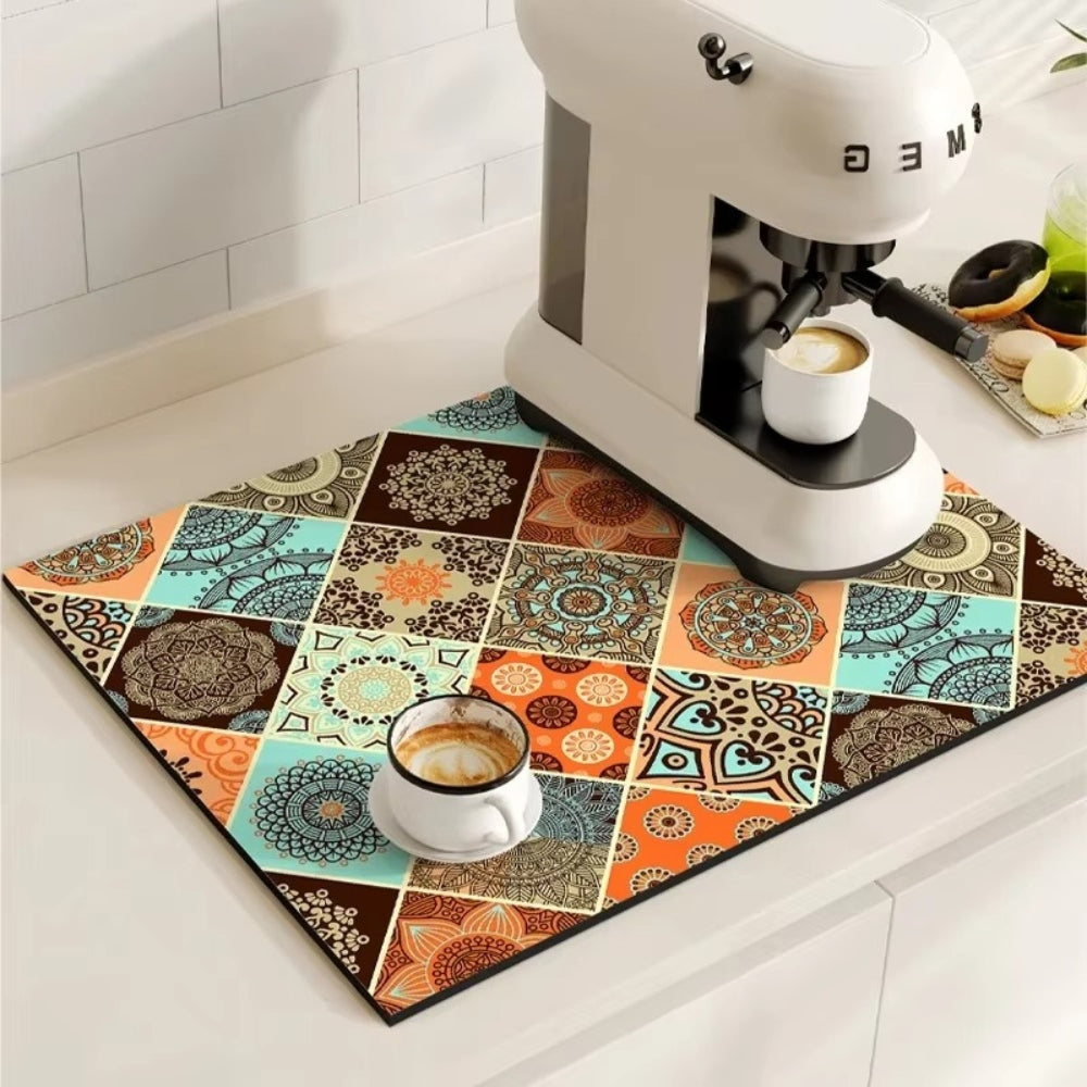 Retro Design Absorbierende Kaffeematte – Schnelltrocknend Wasserfestes Gummi – Vintage Fliesenmuster Trockenmatte für Kaffeeecke Arbeitsplatte Geschirrabtropfer | Sansoti