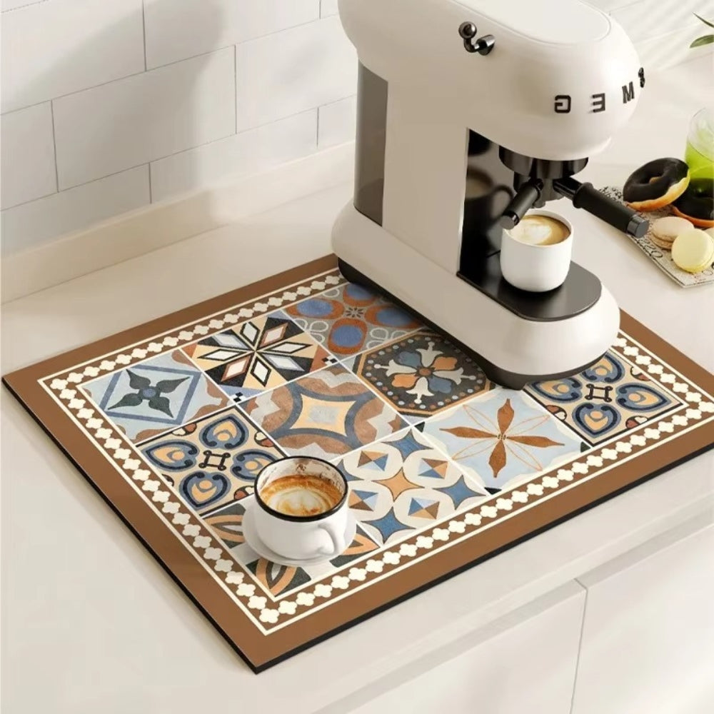 Retro Design Absorbierende Kaffeematte – Schnelltrocknend Wasserfestes Gummi – Vintage Fliesenmuster Trockenmatte für Kaffeeecke Arbeitsplatte Geschirrabtropfer | Sansoti