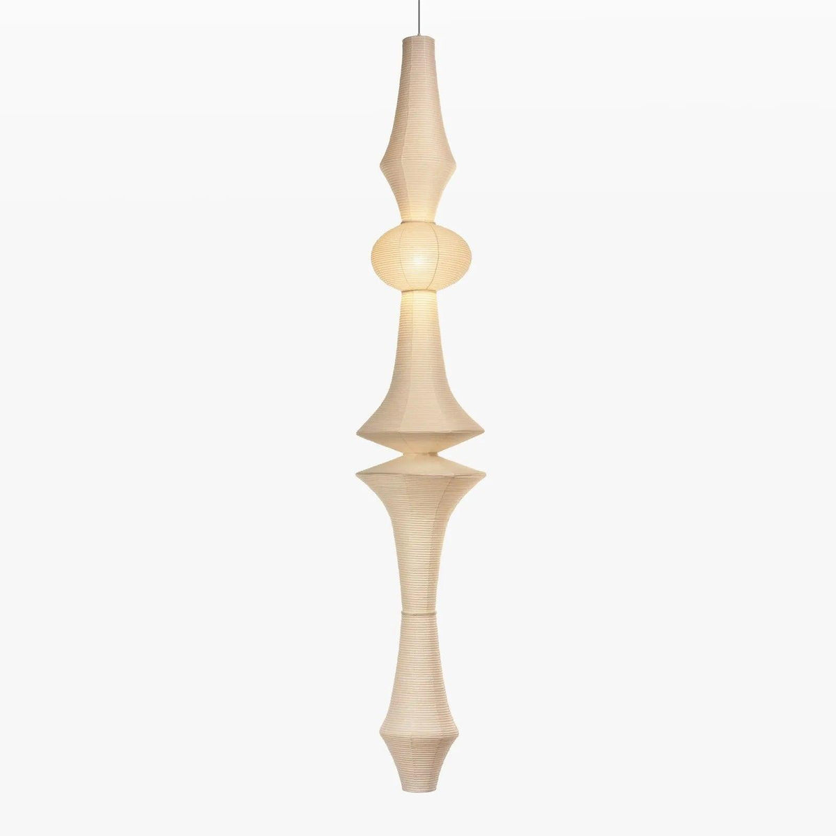 Japanische hängende Papierleuchte in sieben Größen, E26/E27, ø33–ø43 cm, Höhe 150–460 cm, durchscheinender Schirm aus Maulbeer-Washi und Rinde, mit handgefertigtem Charakter | Sansoti