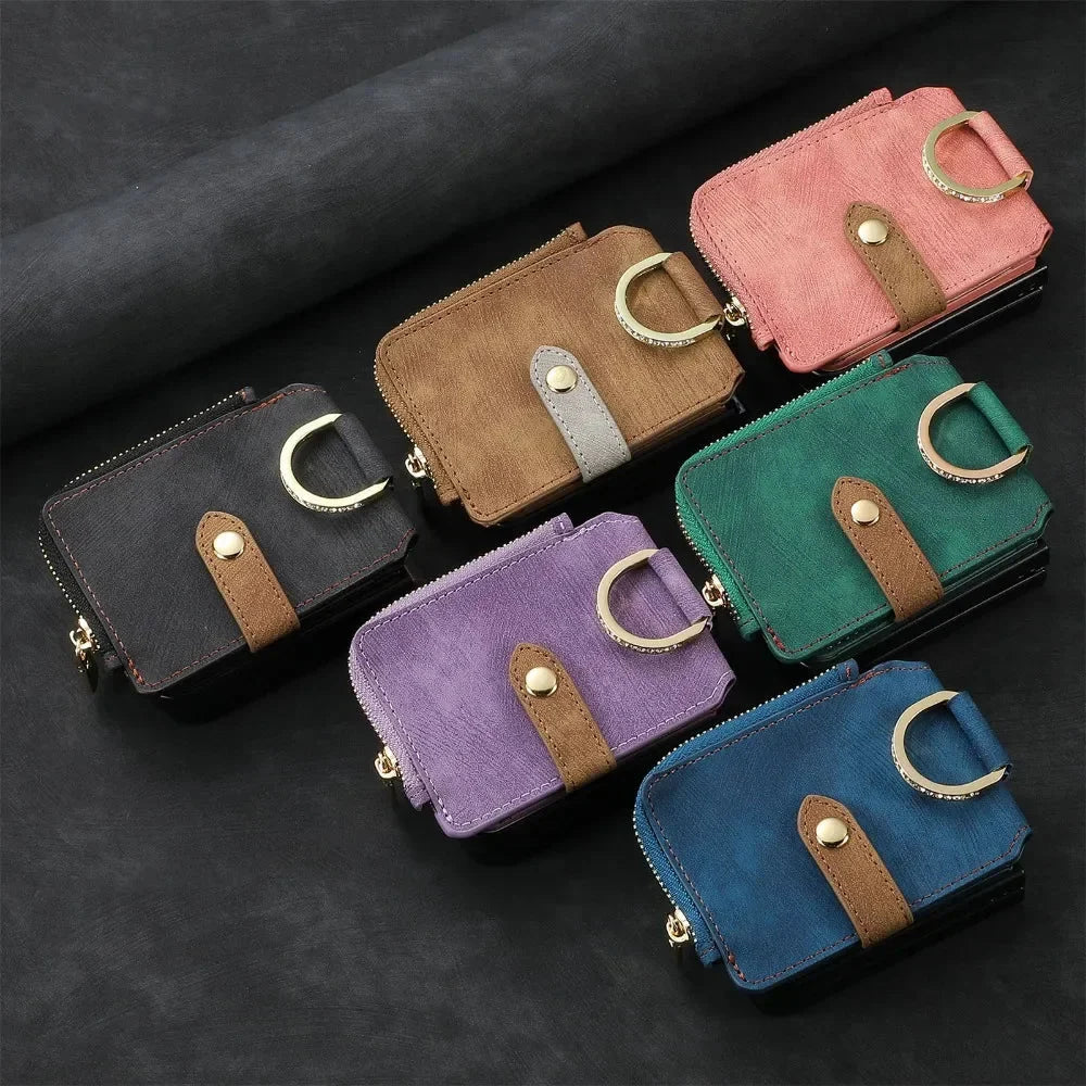 Faltbare Handyhülle mit Reißverschluss, Kartenhalter, PU-Leder, Schwarz, Braun, Grün, Blau, Rosa, Lila, Geldbörsenstil | Sansoti