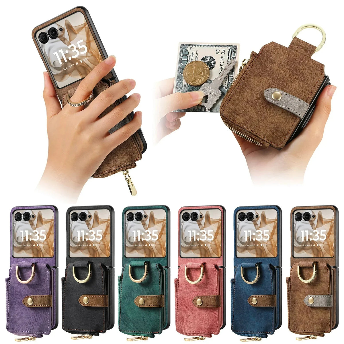 Faltbare Handyhülle mit Reißverschluss, Kartenhalter, PU-Leder, Schwarz, Braun, Grün, Blau, Rosa, Lila, Geldbörsenstil | Sansoti