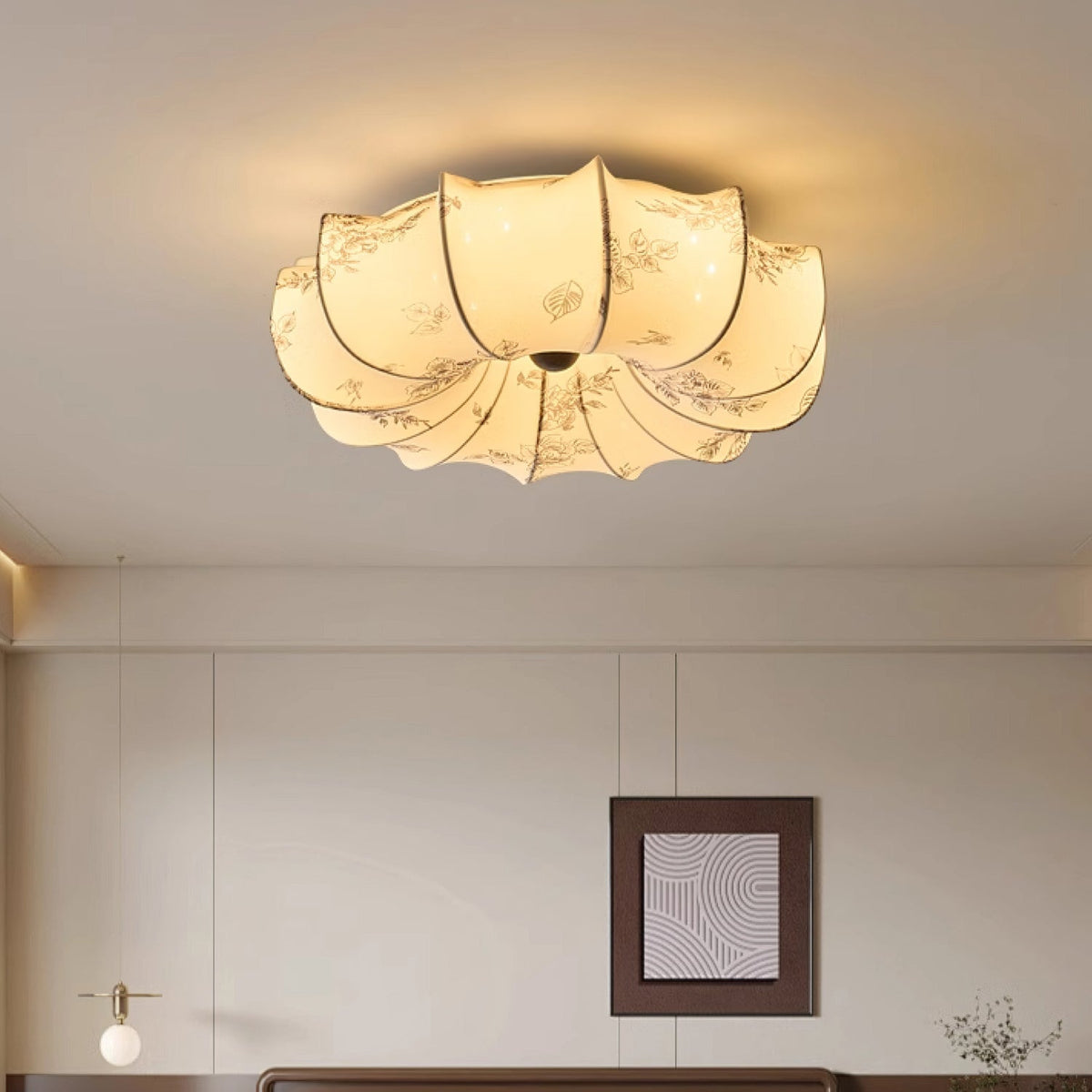 Fabric Ceiling Lamp with Floral Pattern Natural Atmosphere Lighting Scandinavian Design Living and Bedroom Lighting | Sansoti