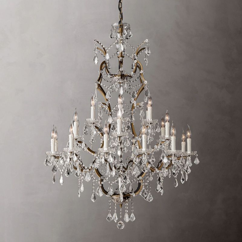 Round Iron and Crystal Chandelier, 102cm, Antique Brass, Rust Brown, 25 Lights, Dimmable, Dining Room and Living Room | Sansoti