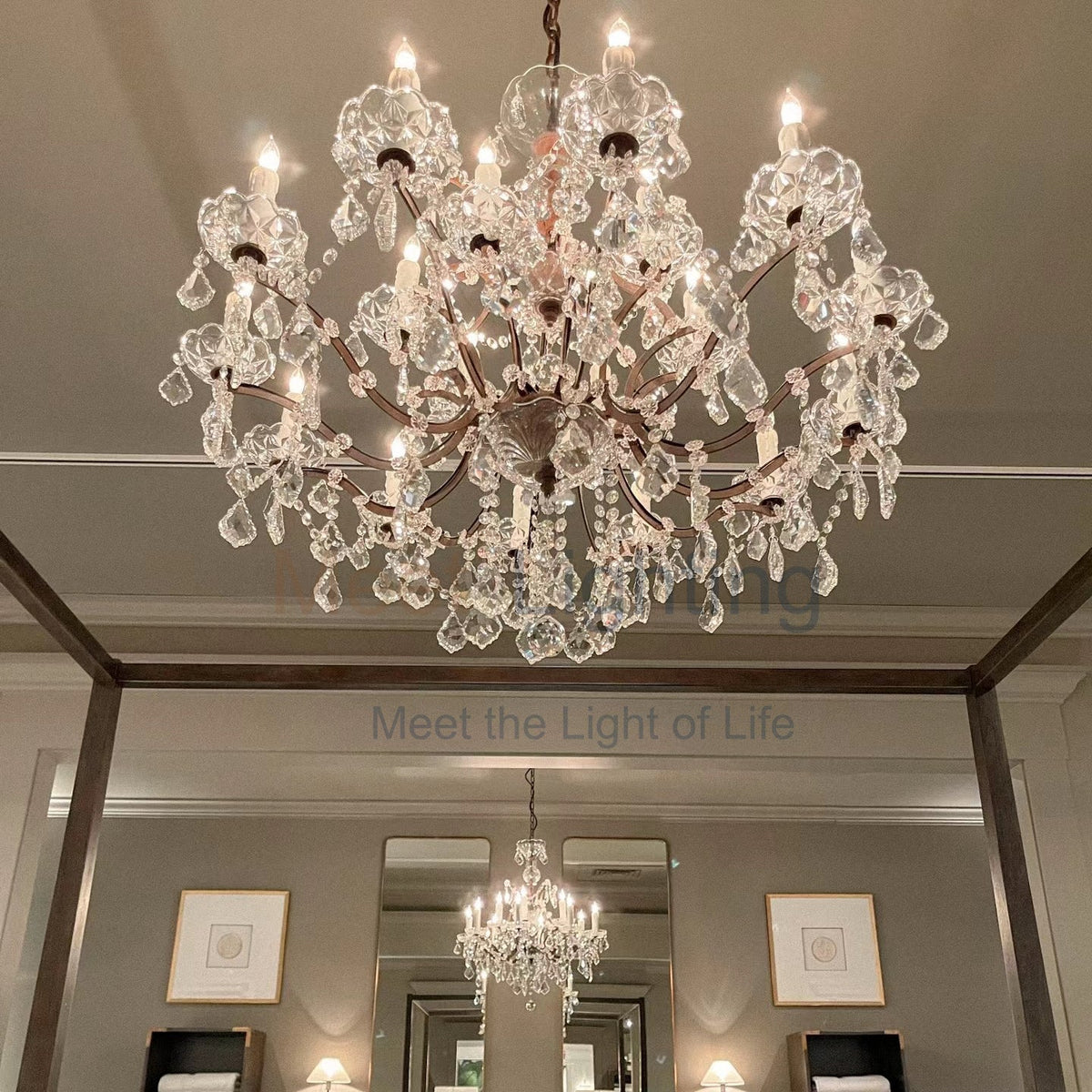 Round Iron and Crystal Chandelier, 102cm, Antique Brass, Rust Brown, 25 Lights, Dimmable, Dining Room and Living Room | Sansoti