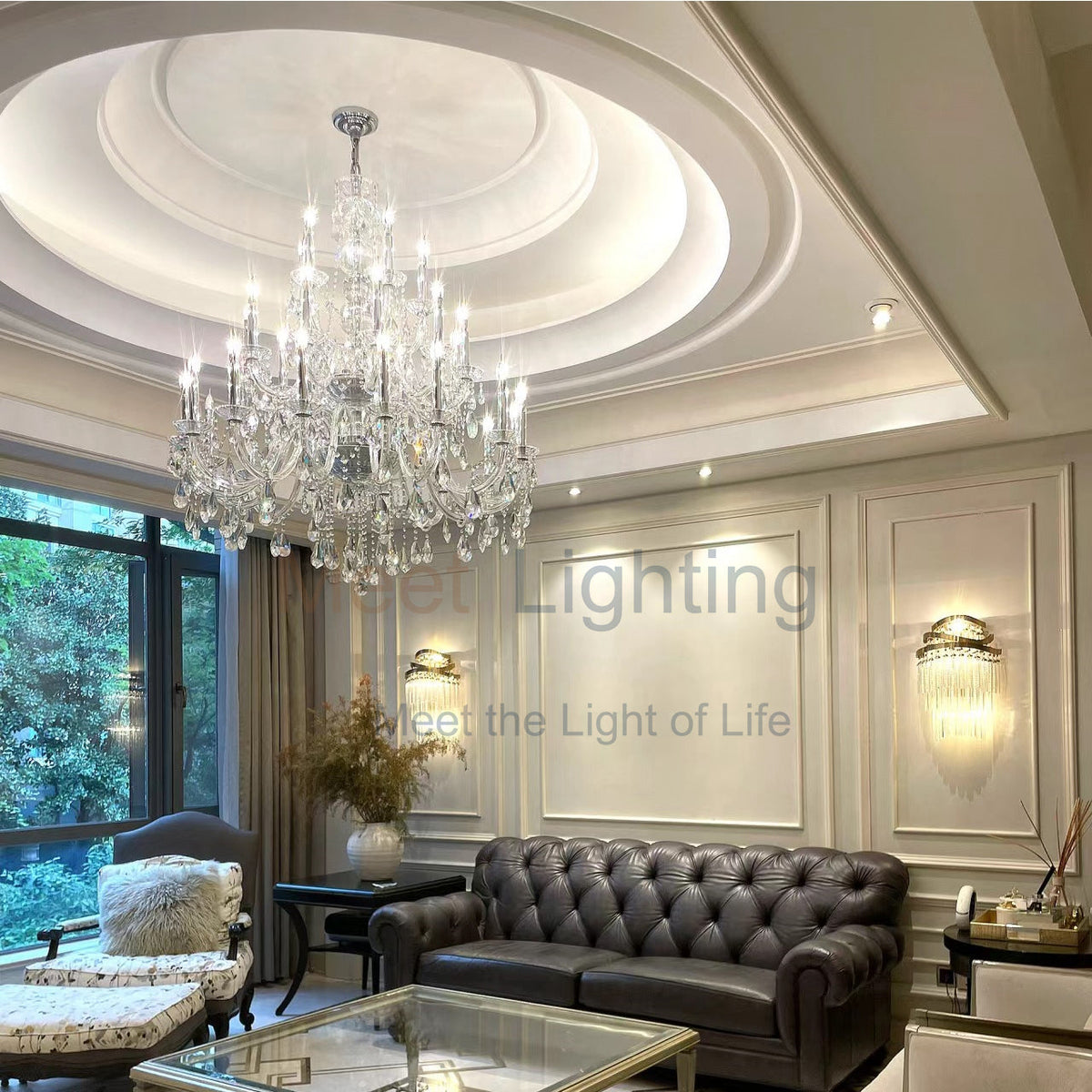 Round Iron and Crystal Chandelier, 102cm, Antique Brass, Rust Brown, 25 Lights, Dimmable, Dining Room and Living Room | Sansoti