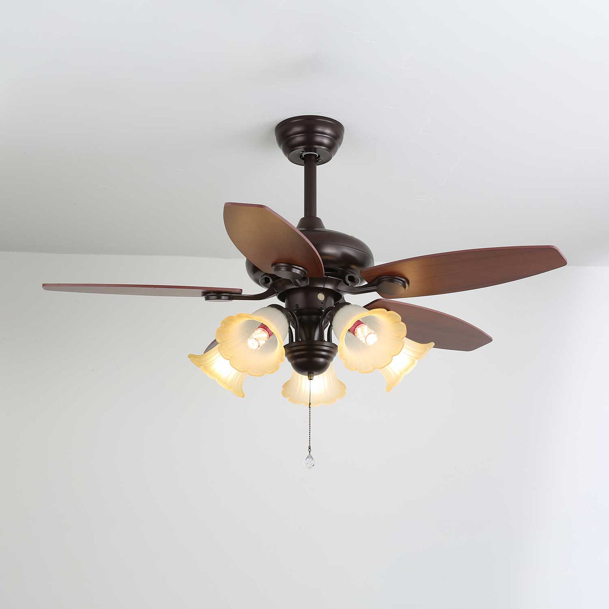 Vintage ceiling fan with lighting and remote control in wood and glass — 3 or 5 lights | Sansoti