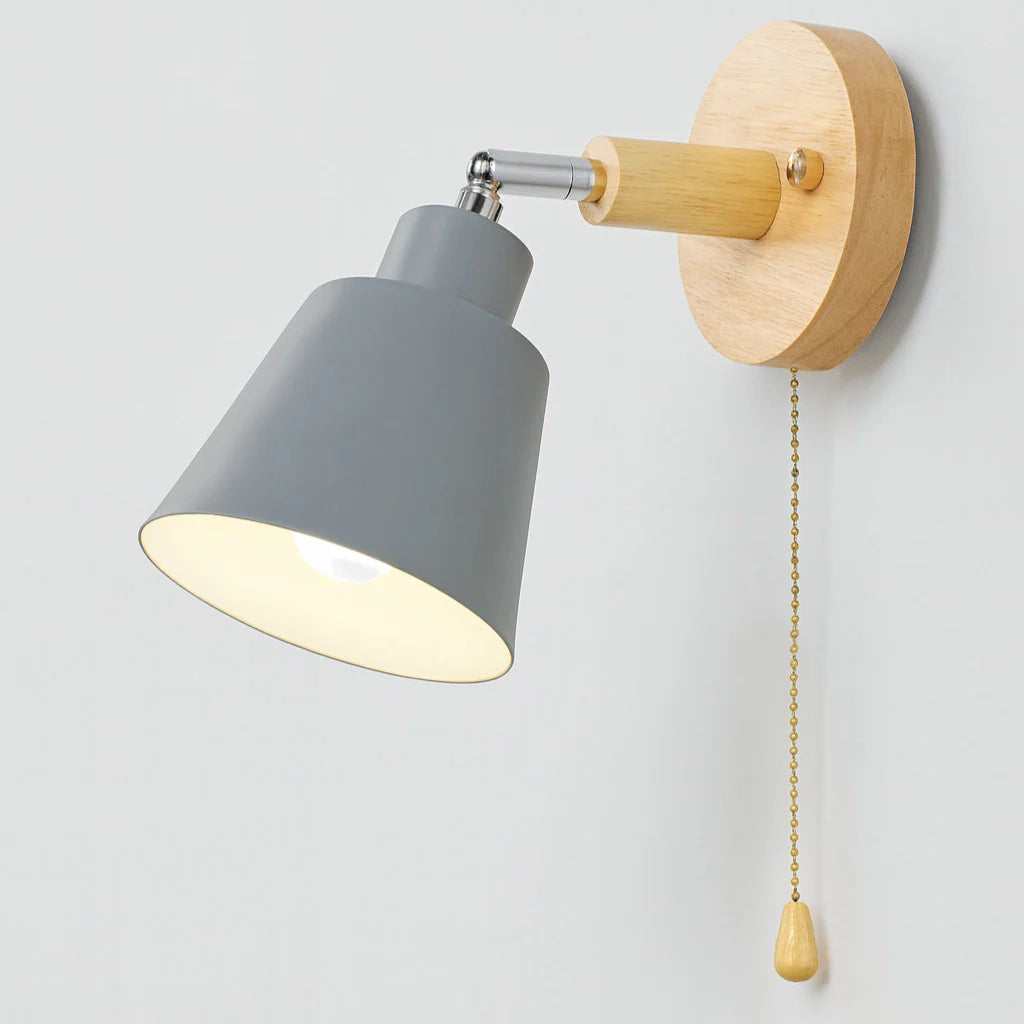 Wall Lamp Metal Wood Pull Switch 180° Rotatable E27 Reading Lamp Bedroom | Sansoti