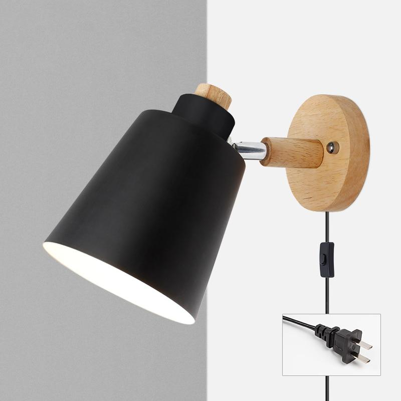 Wall Lamp Wood Metal Rotatable E27 Reading Lamp Bedroom Living Room Scandinavian | Sansoti