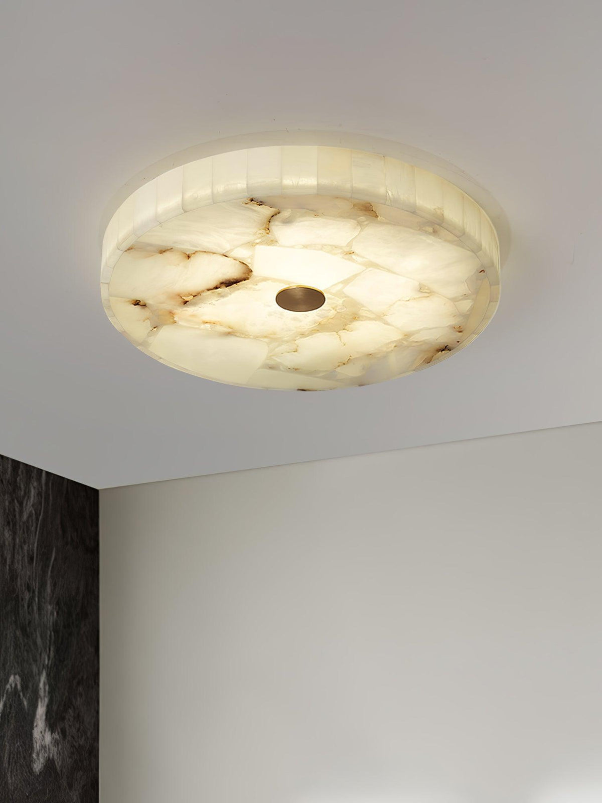 Round alabaster mosaic ceiling lamp ø40cm natural stone dimmable integrated LED warm white 3000K ceiling lighting Scandinavian design living room bedroom dining room entryway recessed lamp | Sansoti