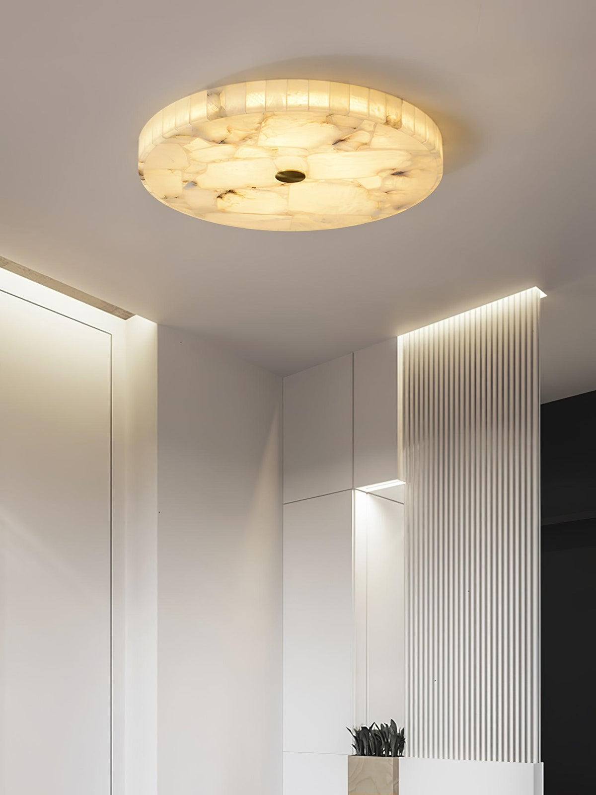 Round alabaster mosaic ceiling lamp ø40cm natural stone dimmable integrated LED warm white 3000K ceiling lighting Scandinavian design living room bedroom dining room entryway recessed lamp | Sansoti